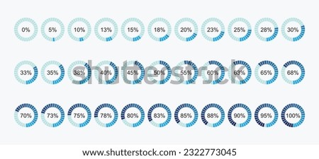 Percentage pie circle infographics from 0 to 100. Percent 1 5 10 15 20 25 30 35 40 45 50 55 60 65 70 75 80 85 90 95 percent. Vector illustration. Number Blue Color