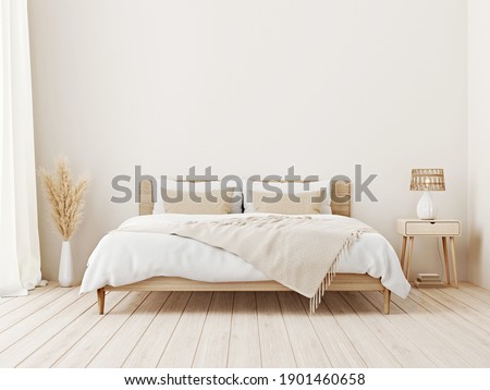 Bedroom interior mockup in boho style with fringed blanket, cushion with tassels, linen bedding, dried pampas grass, basket lamp and curtain on empty beige background. 3d rendering, 3d illustration Stockfoto © 