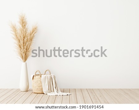 Living room interior wall mockup with woven basket, blanket and dried pampas grass in vase on wooden floor with empty white background. 3d rendering, 3d illustration