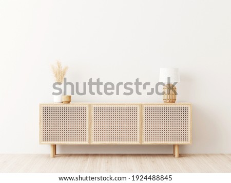 Living room interior wall mockup in minimalist Japandi style with caned console, wicker basket lamp and dried pampas grass in ceramic vase on empty warm white background. 3d rendering, 3d illustration