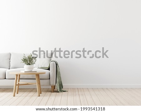 Traditional living room interior mockup with grey sofa, green throw, pillow and wooden  coffee table with olive twigs in vase on empty white wall background. 3d rendering, illustration