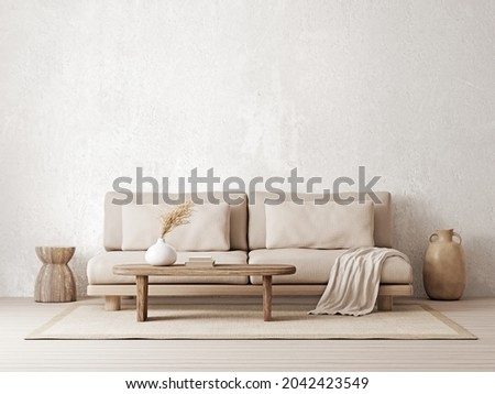 Warm neutral wabi-sabi style interior mockup with low sofa, jute rug, ceramic jug, side table and dried grass decoration on empty concrete wall background. 3d rendering, illustration.  