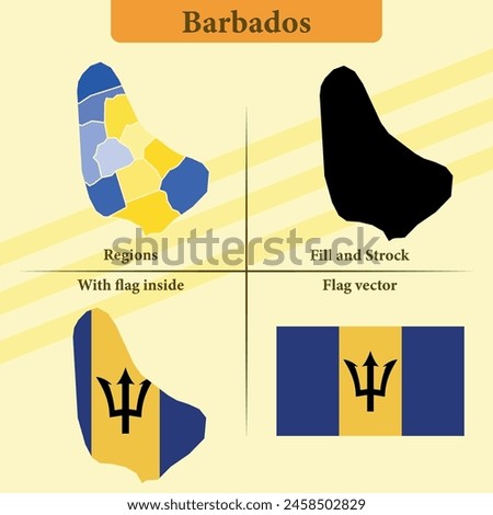 Vector Barbados map vector states and lines and full with vector flag and flag map