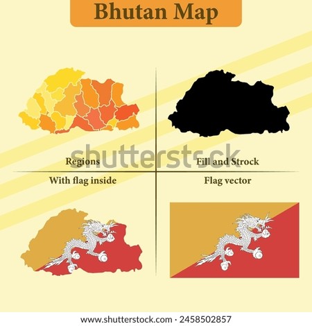 Vector Buthan map vector states and lines and full with vector flag and flag map