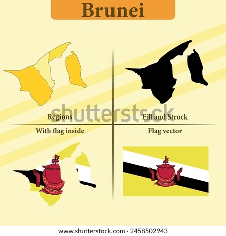 Vector Brunei map vector states and lines and full with vector flag and flag map