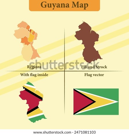 Vector Guyana map vector states and lines and full with vector flag and flag map