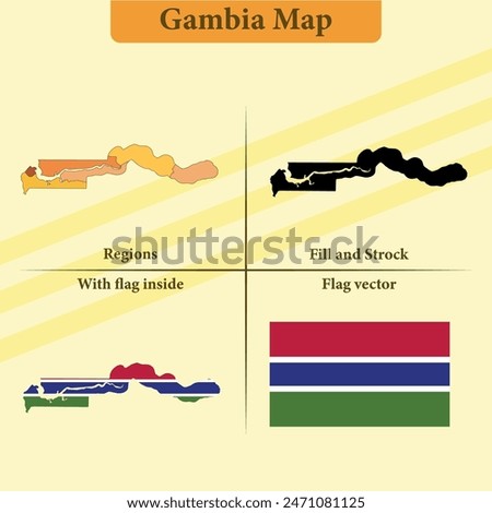 Vector Gambia map vector states and lines and full with vector flag and flag map