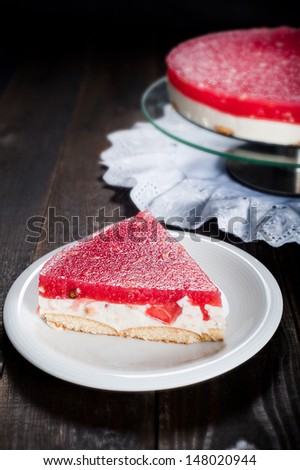 Cake made form watermelon jelly and mascarpone cheese with biscuits