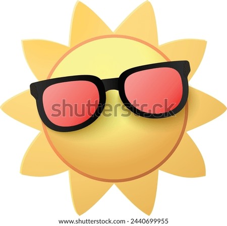 3d sun emoji, cool yellow sunny character
in sunglasses. Sun realistic personage,
summer sunlight isolated vector character
or hot weather funny mascot. Cartoon icon, sticker, logo, sign summer vector