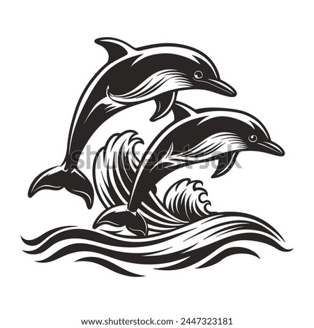 Playful dolphins jumping out of the ocean waves. Isolated on white background vector illustration