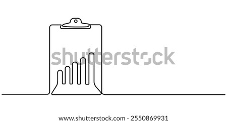 Continuous line drawing of clipboard. Growth graph icon business, bar chart, object one line, single line art, vector illustration, Continuous one line drawing of clipboard paper with graph and pen.