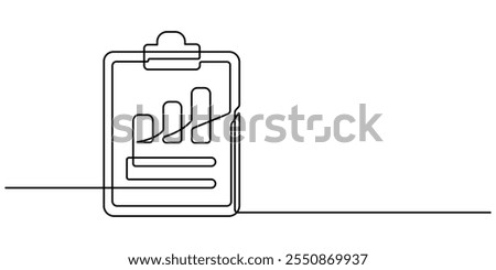 Continuous line drawing of clipboard. Growth graph icon business, bar chart, object one line, single line art, vector illustration, Continuous one line drawing of clipboard paper with graph and pen.