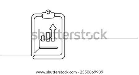 Continuous line drawing of clipboard. Growth graph icon business, bar chart, object one line, single line art, vector illustration, Continuous one line drawing of clipboard paper with graph and pen.