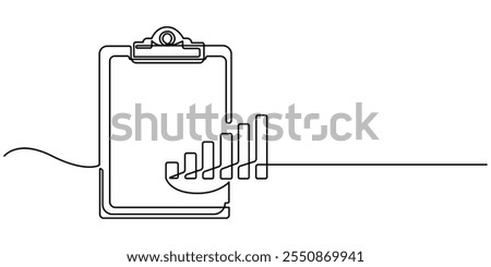 Continuous line drawing of clipboard. Growth graph icon business, bar chart, object one line, single line art, vector illustration, Continuous one line drawing of clipboard paper with graph and pen.