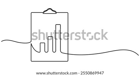 Continuous line drawing of clipboard. Growth graph icon business, bar chart, object one line, single line art, vector illustration, Continuous one line drawing of clipboard paper with graph and pen.