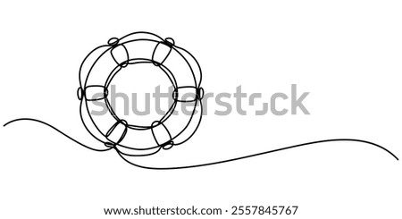 Life Ring, Buoy Continuous Line Drawing with Editable Stroke and Color Elements, Single continuous line drawing lifebuoys, rescue belts, inflatable rubber ring with rope for help and safety of life. 