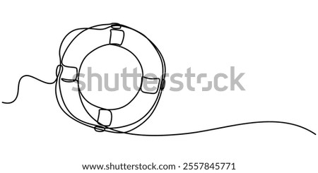 Life Ring, Buoy Continuous Line Drawing with Editable Stroke and Color Elements, Single continuous line drawing lifebuoys, rescue belts, inflatable rubber ring with rope for help and safety of life. 