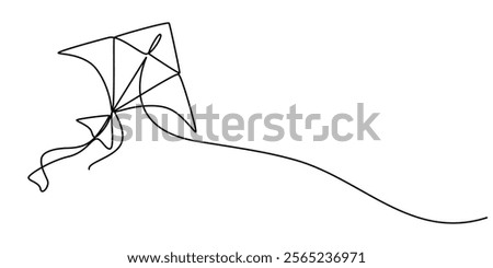 Kite continuous one line drawing of outline vector illustration, One continuous line of kite. Minimalist style vector illustration in white background, flying high in the air, bringing back memories. 