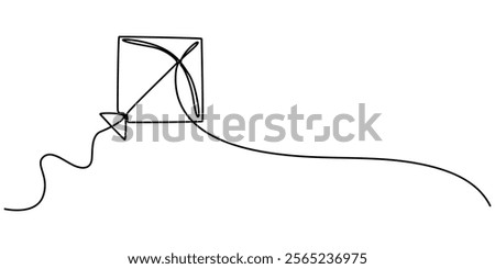 Kite continuous one line drawing of outline vector illustration, One continuous line of kite. Minimalist style vector illustration in white background, flying high in the air, bringing back memories. 