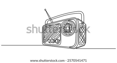 Radio one line continuous line. Line art retro radio outline, silhouette. Hand drawn vector art, Continuous one line drawing a vintage radio with a telescopic antenna sits on a table. The versatility 