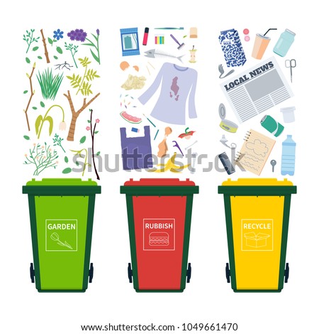General, garden and recycle waste bins with different objects to sort and toss. Vertor set isolated on white