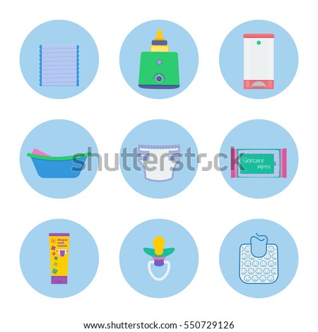 Baby hygiene vector set: pack of diapers, milk sterilizer and bottle warmer, diaper pail, infant bath with sponge, diaper, skincare wipes, baby rash cream, dummy, bib