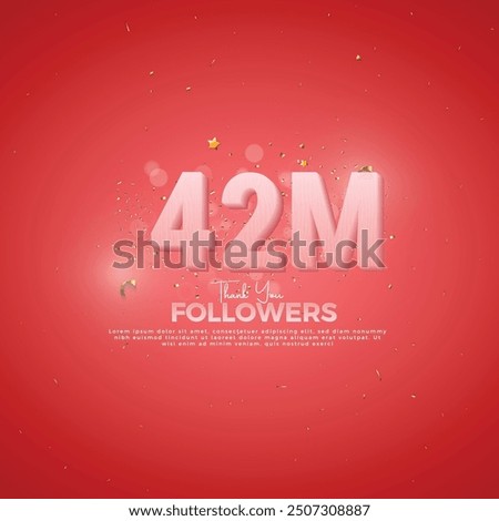 44M Follower celebration, 44M Pink Number on Red background with sparkling confetti, Thank you followers, 44M online social festive banner, 45M
