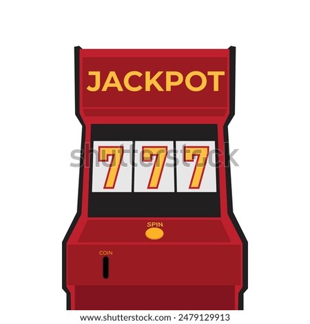 Slot machine with lucky seven jackpot. Casino game win. Gambling item. Big prize concept. One arm bandit. Roulette banner. Glowing lamp. line art. Retro flat style. Cartoon vector design illustration.