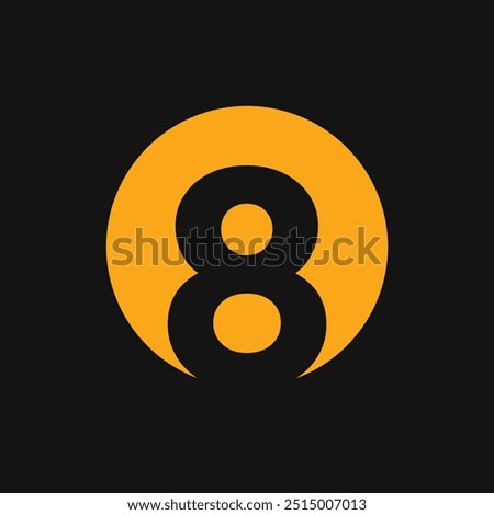 The icon or logo is a black number 8 in an orange circle with a black background.