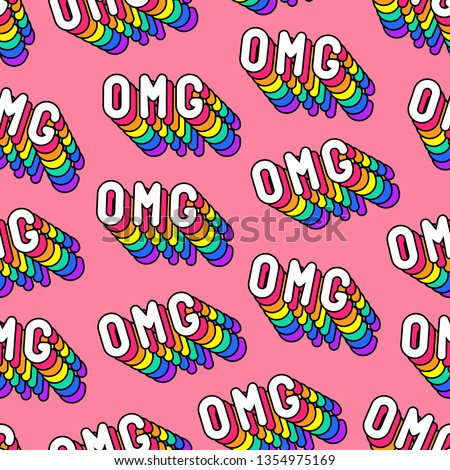 Seamless pattern with words “OMG” ("Oh my god!") on pink background. Text patches vector wallpaper. Quirky cartoon comic style of 80-90s.