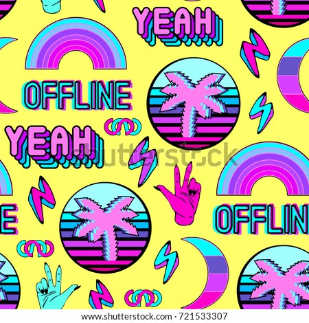 Vaporwave seamless pattern with patches, stickers, badges, pins with palms, words 