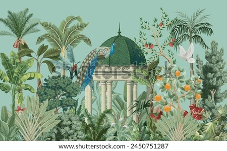 Mughal garden arch, plant, Peacock illustration for wallpaper. Tropical jungle wallpaper illustrations. Banana leaves Tropical leaves wallpaper.