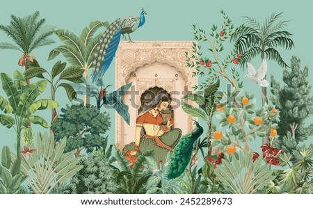 Traditional Mughal Queen sitting in garden Dom. Indian Mughal art wallpaper illustrations. Indian Rajasthani Art Traditional Wall Mural for Living Room, Canvas, Painting Art.