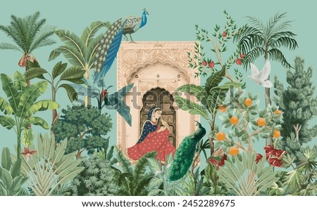 Traditional Mughal Queen sitting in garden Dom. Indian Mughal art wallpaper illustrations. Indian Rajasthani Art Traditional Wall Mural for Living Room, Canvas, Painting Art.