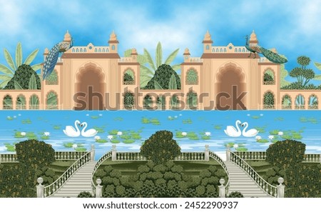 Mughal garden arch, plant, peacock illustration for wallpaper. Mughal Garden, Water lily , swan in a beautiful lake.