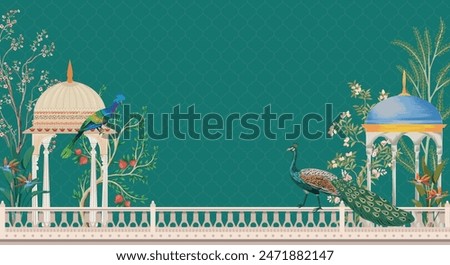 Traditional Mughal garden arch, peacock palace illustration frame for wedding invitation