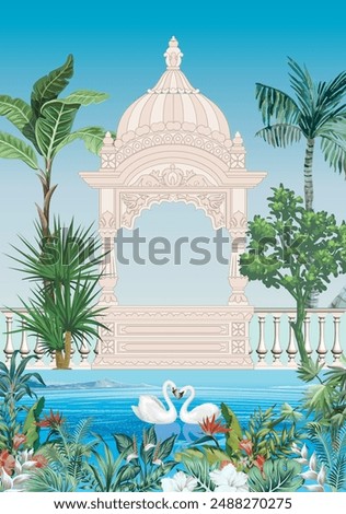 Mughal garden arch, plant, peacock illustration for wallpaper. Mughal Garden, Water lily , swan in a beautiful lake.