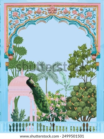 Mughal home decor living room illustration. Indian Rajasthani Art, Mural wall for Living Room, Canvas, Painting Art.