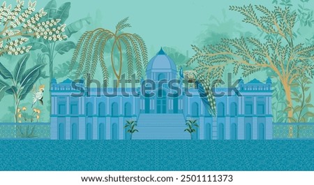 Traditional Mughal palace. Traditional Mughal decorative palace and garden Arch tree plants. wallpaper for Living Room, Canvas, Painting Art.