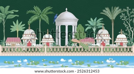 Mughal garden arch, plant, peacock illustration for wallpaper. Mughal Garden, Water lily , swan in a beautiful lake.