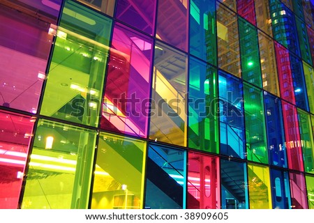 Light shining through modern stained glass windows. Palais des congress, Montreal.