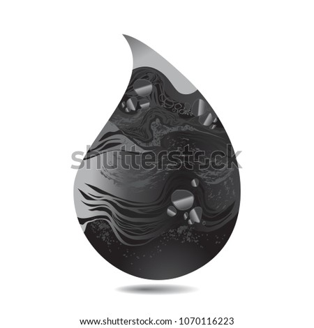 Vector drop of Petrol, naphtha, mineral oil, rock-oil, pet. Black color bubbles abstract splash texture. Pattern hand-drawn illustration.