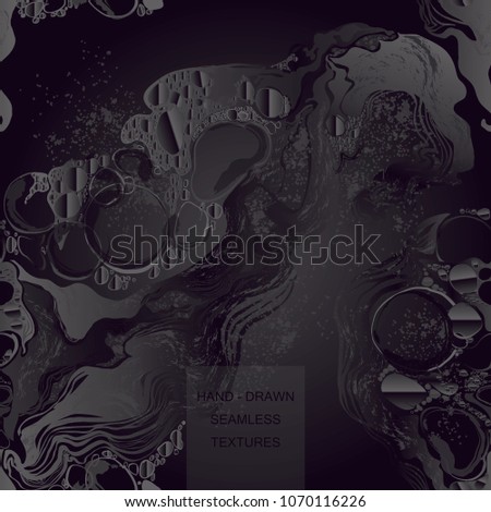 Petrol, naphtha, mineral oil, rock-oil, pet. black bubbles seamless abstract background. Abstract poster circle, splash. Hand-drawn vector pattern.