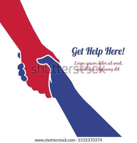 Helping hand concept. Gesture, sign of help and hope. Two hands taking each other. Isolated vector watercolor, line illustration on white background.