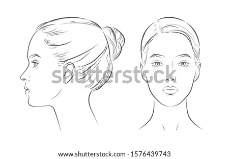 Set of women portrait vector face in profile aspect. young beautiful girl looking side and front angles. Close up black and white line sketch isolated illustration