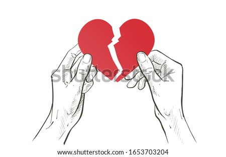 Two hands holding tearing red heart in half. Broken relationship, Sadness Frustration, single, separation concept. Vector sketch line illustration