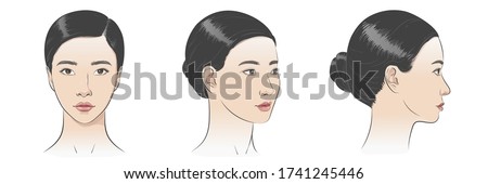 Set of Asian korean women portrait three dimension angles. Close-up vector line sketch. Different view front, profile side, three-quarter view of a girl face. Vector illustration