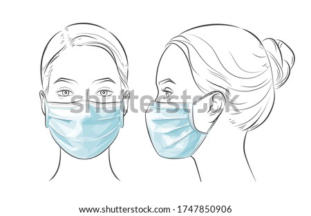 Set of Woman wearing disposable medical surgical mask. Two dimensional angles. Different view front, profile side view of a girl face. Vector line sketch illustration.