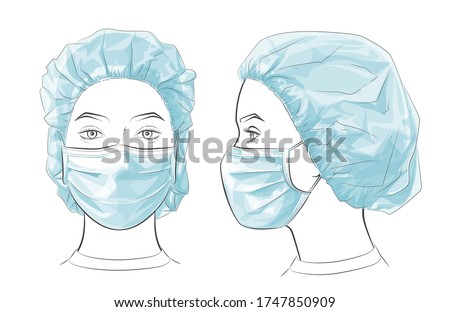 Set of Woman doctor or Nurse staff wearing disposable medical surgical mask, Scrubs and medical cap PPE suit, uniform. Two dimensional angles. Different view front, profile side view. Vector