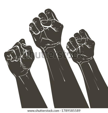 Hands raised air fighting for human rights. Fist up power Concept of protest, rebel, political demands, revolution, unity, cooperation, lives matter, don't give up. Crowd of people march. Vector.